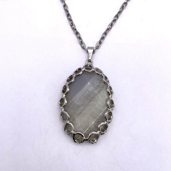 Large Oval Shape Agate Pendant Round Link Chain Necklace 34 Inch - Picture 3 of 6